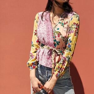 Anthropologie Floral Patchwork Top- Meadow Rue Long Sleeve Wrap Blouse- Size 0